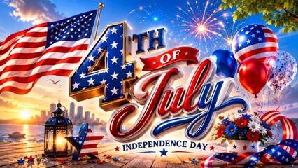 Fourth of July Independence Day Celebration with American Flag and Fireworks over City Skyline