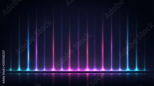 Vertical glowing light beams illuminate a dark reflective surface in a vibrant array.