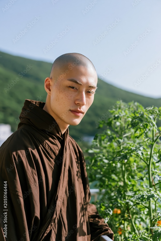 Naklejka premium Standing shaved head man in brown robe beside balcony plants with hillside view for mindful lifestyle background and wellness banner