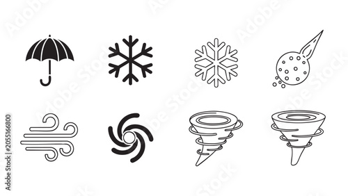 weather icons depicting rain, snow, hail, wind, tornado