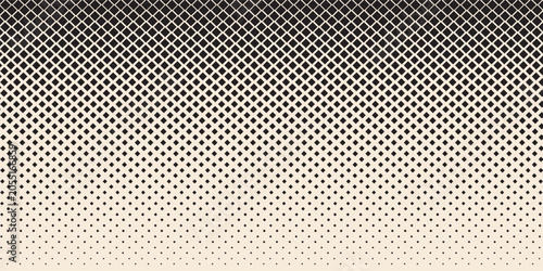 Aged beige square halftone gradient texture. Fading repeating diamond pixel background. Repeated gradation pattern. Vanishing comic pop art overlay backdrop. Vector