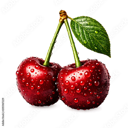 Two fresh red cherries with water droplets isolated on transparent background, summer fruit PNG