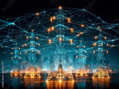Power transmission towers stand tall in a dark city landscape during nighttime, showing energy connections and modern technology