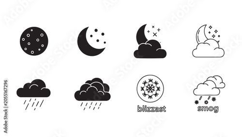 weather icons set with moons, clouds and atmospheric conditi