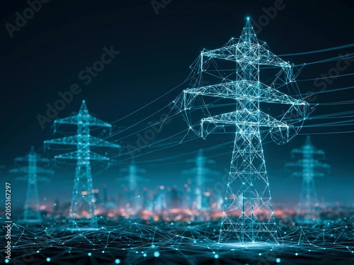 Power lines stand tall against a digital landscape at night with a city skyline in the background showing connected energy structures