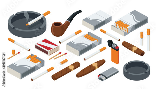 Foto Smoking accessories tobacco product isometric vector illustration set
