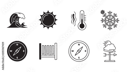 weather icons set with wave, sun, thermometer, snowflake, co