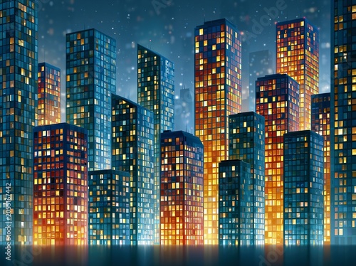 City skyline at night with illuminated buildings and a vibrant urban landscape