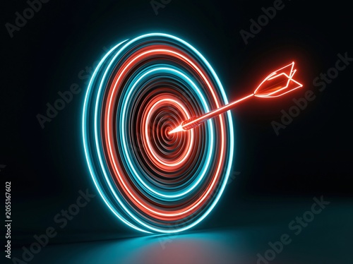 Colorful dart hits center of target in dark space with bright light