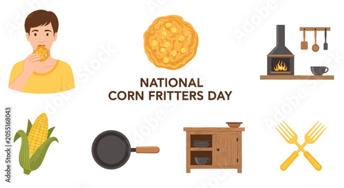 Foto A graphic for National Corn Fritters Day featuring a person eating a fritter cor