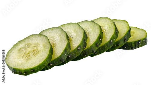 Bild auf Leinwand Isolated fresh organic cucumber slices arranged diagonally, healthy green vegeta