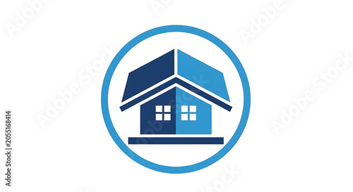 Modern graphic illustration of a stylized house or home within a circular frame, representing real estate, property development, housing services, and secure residential living