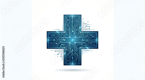 Blue circuit board cross, medical technology symbol, healthcare innovation icon, futuristic design element