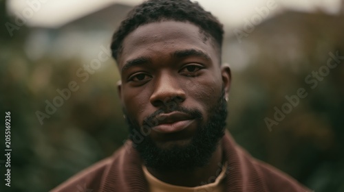 Close-up portrait of a young Black man with a beard looking directly at the camera outdoors