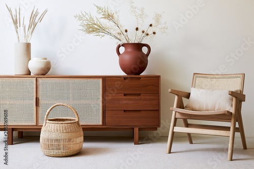 Modern wooden sideboard with rattan details and decorative elements
