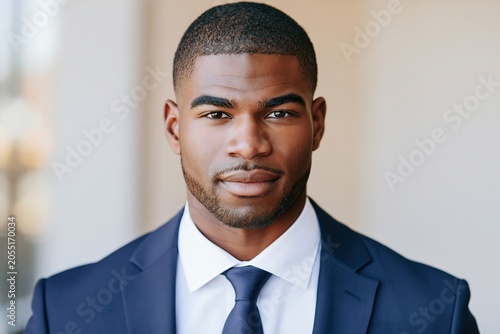Professional Black man in a dark blue suit and tie looking confidently at the camera