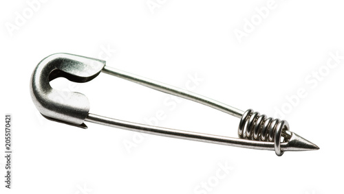 Fotografie Isolated metal safety pin with closed clasp and sharp tip for clothing and craft