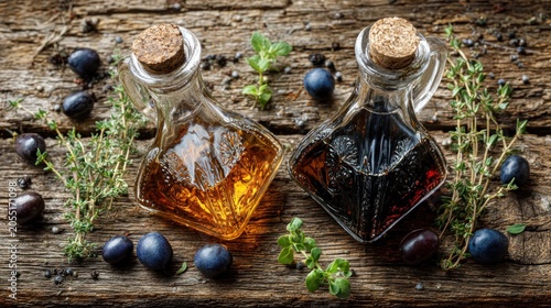 Two glass cruets containing contrasting liquid condiments sit surrounded by dark fruit and fresh herbs on a rustic wooden surface.