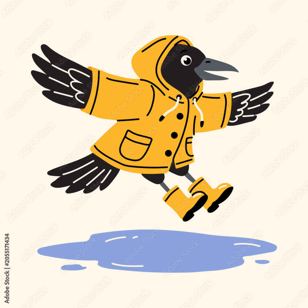 Obraz premium Cute Crow in Yellow Raincoat Illustration