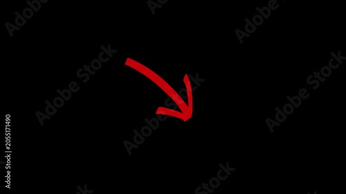A vibrant, hand-drawn red arrow points diagonally downward against a clean white background. hand draw arrow animation.