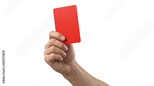 A human hand holding a bright red card upwards against a clean white background, symbolizing a penalty, warning, or disqualification in sports.