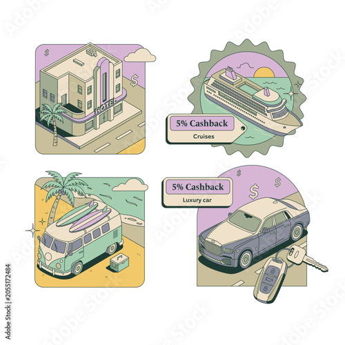 Travel and tourism poster set. Icons for trip planning, vacation, hotel booking, rent car, cruises, summer holidays and travel safety