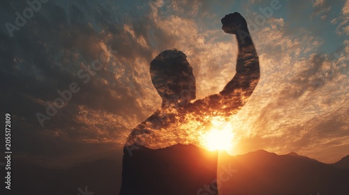 Determined athlete raising fist against sunset sky, motivation, strength, and personal achievement concept.