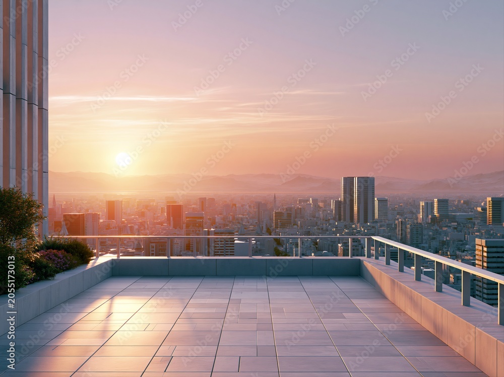 Naklejka premium Sunrise over a city skyline with a clear view from a rooftop terrace, showcasing tall buildings and distant mountains