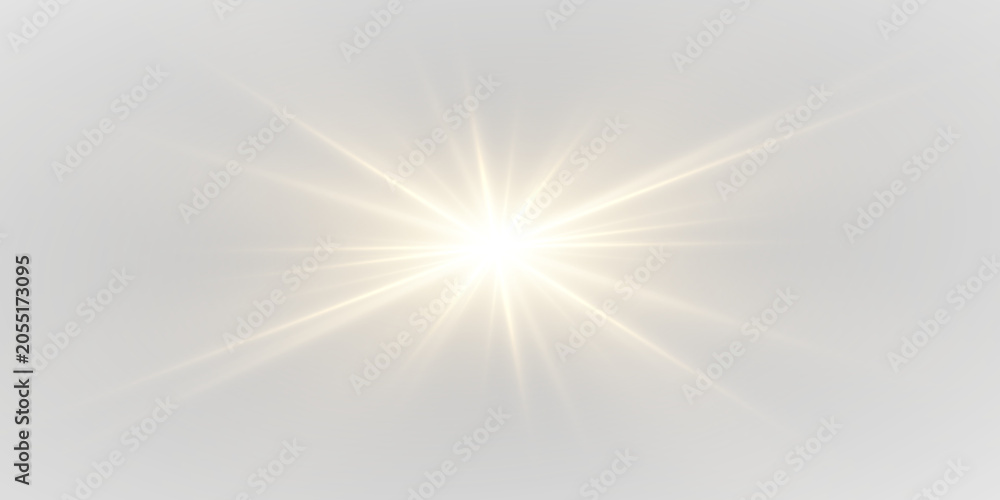 Fototapeta premium Golden sunlight flash with elegant star shape and shimmering bright particles. Transparent shining overlay suitable for professional design PNG.