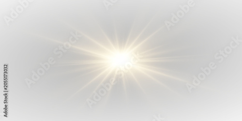 Golden luminous flare with smooth rays and sparkling realistic shine around it. Transparent sunlight overlay designed for creative projects in PNG.