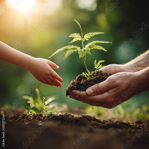 Child and adult hands planting a young tree seedling together, environmental conservation and sustainable future concept.