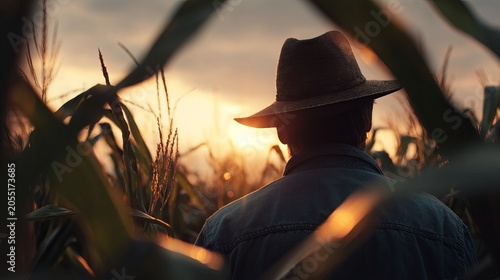 Farmer walking through tall corn plants during golden sunset, seen from behind in rural farmland, warm sunlight shining through crops, natural agriculture lifestyle concept