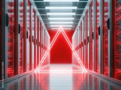 Data center hallway with glowing triangle shape during night hours in a modern facility