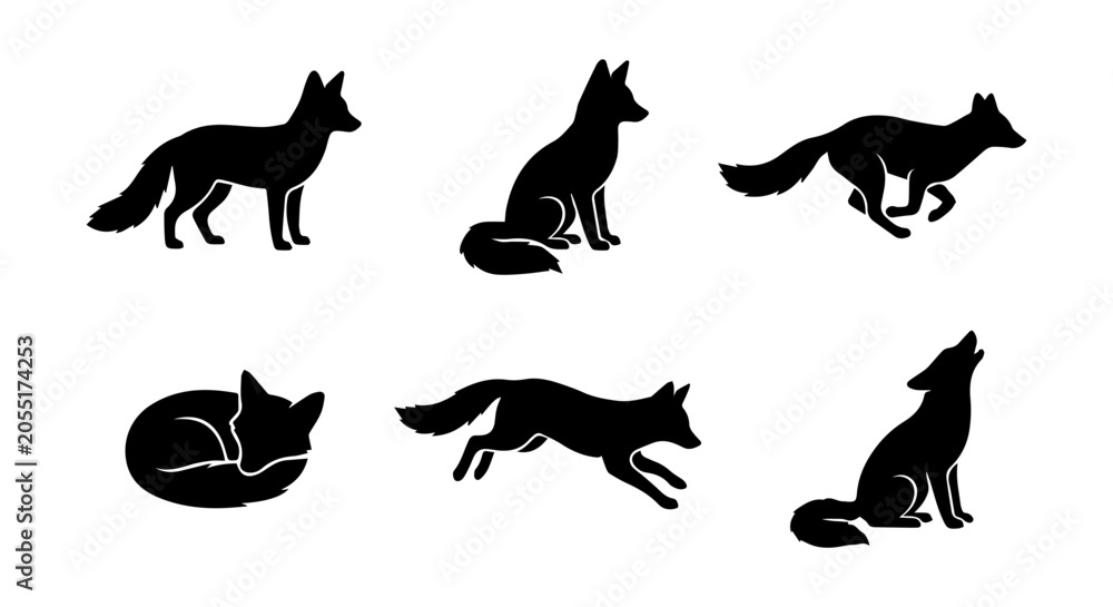 Obraz premium Fox icon set, silhouette, white background, vector illustration