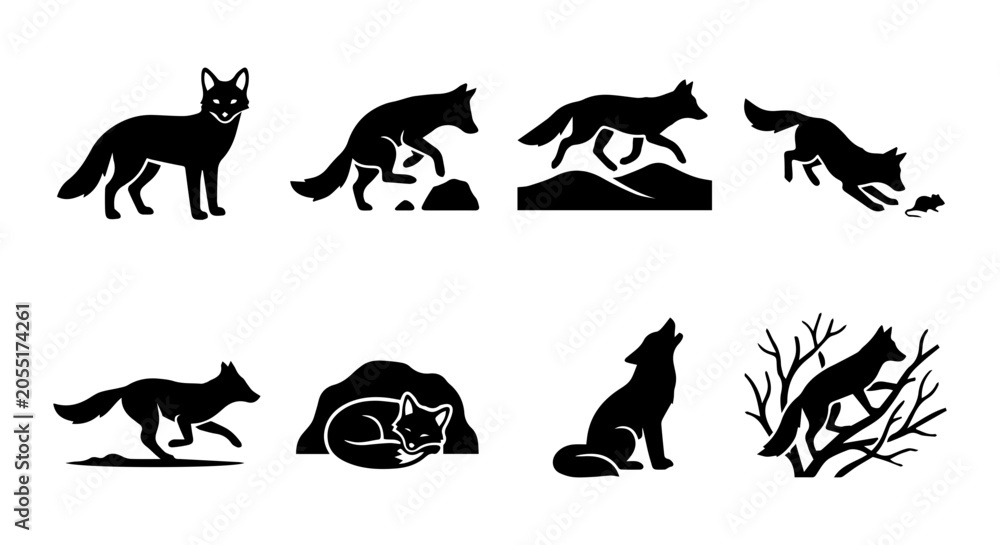 Obraz premium Wolf icon set silhouette, white background, vector illustration