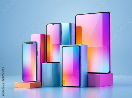 Modern devices arranged on colored blocks with glowing screens in a bright setting