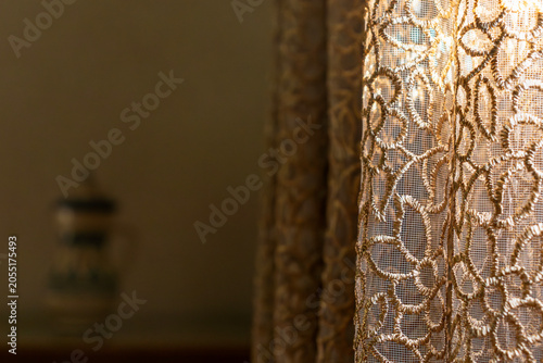 Traditional Moroccan Embroidered Curtain with Gold Floral Details in Meknes Interior