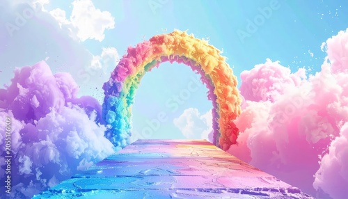 Vibrant Rainbow Cloudy Sky Pathway Scene.