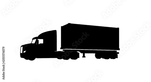 Minimal black silhouette icon, simple flat vector, bold black shape, no, no shading silhouette of a semi truck with a shipping container trailer on a, flat icon style