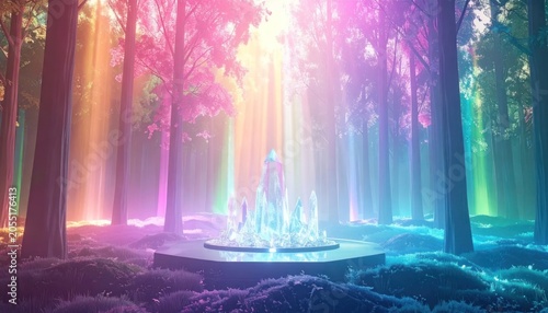 Vibrant rainbow light forest scene mystical.
