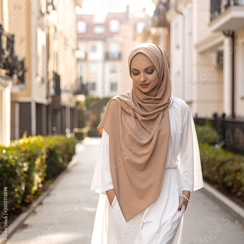 Woman wearing hijab walking down street.