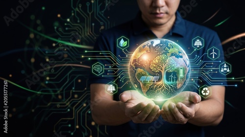 Man holding digital earth globe with green energy icons including solar panels wind turbines recycling symbols tree roots circuit patterns representing sustainable technology eco