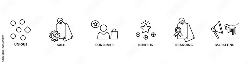 Fototapeta premium USP icon set with unique, sale, consumer, benefits branding, and marketing