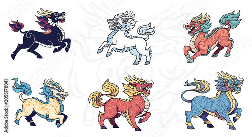Colorful set of mythological Qilin creatures in traditional Chinese art style for cultural and fantasy design projects