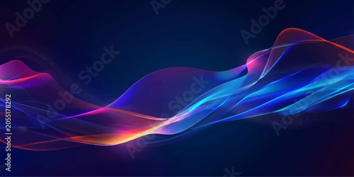 Fényképezés Abstract glowing waves of blue, pink, and orange light undulate gracefully against a dark blue background, creating a sense of dynamic motion and ethereal beauty