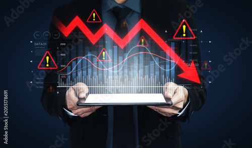 Obraz na płótnie Economic caution visualized with fluctuating market graph, alert symbols, and negative data trends