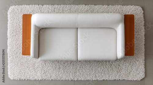 Minimalist white seating arrangement rests upon a shaggy rug viewed from directly above