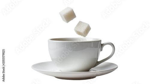 Schilderij op canvas Isolated white coffee cup with saucer and two falling sugar cubes for hot drinks