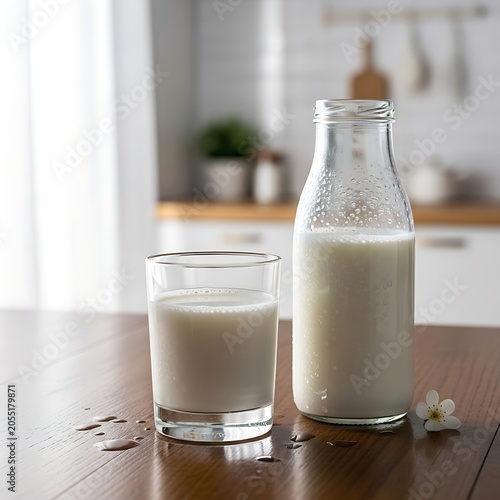Glass bottle and cup milk