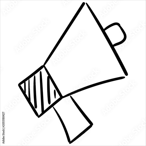 Hand-drawn megaphone doodle icon. Ideal for announcements, communication, and marketing.